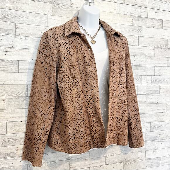 CHICO’S Light Brown Leather Perforated Jacket / Blazer, Chico’s Sz 1 (M / 8) - Picture 4 of 10